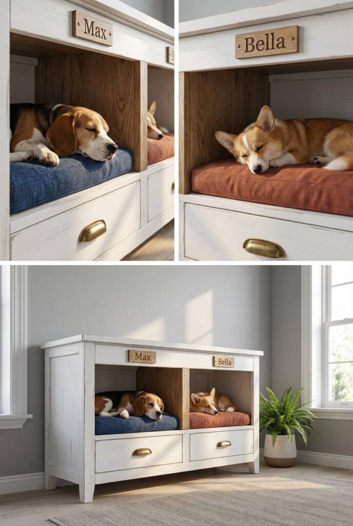 A wide white farmhouse-style dresser with six drawers. Both bottom drawers are removed creating two adjacent sleeping nooks s