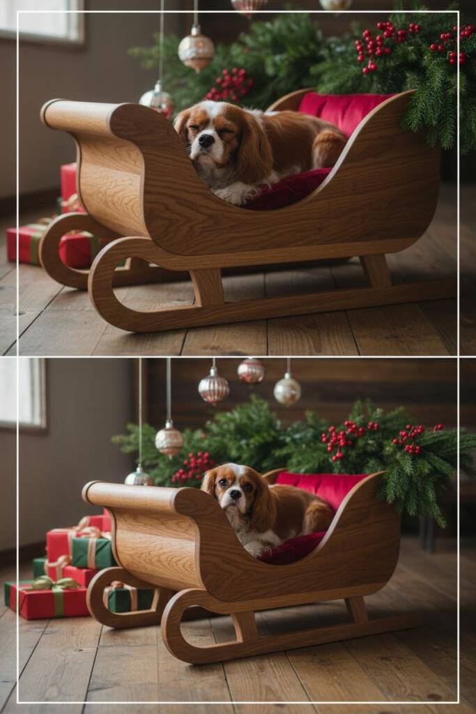 A miniature wooden sleigh frame with curved runners and ornate details, filled with a plush red cushion, positioned on a rust