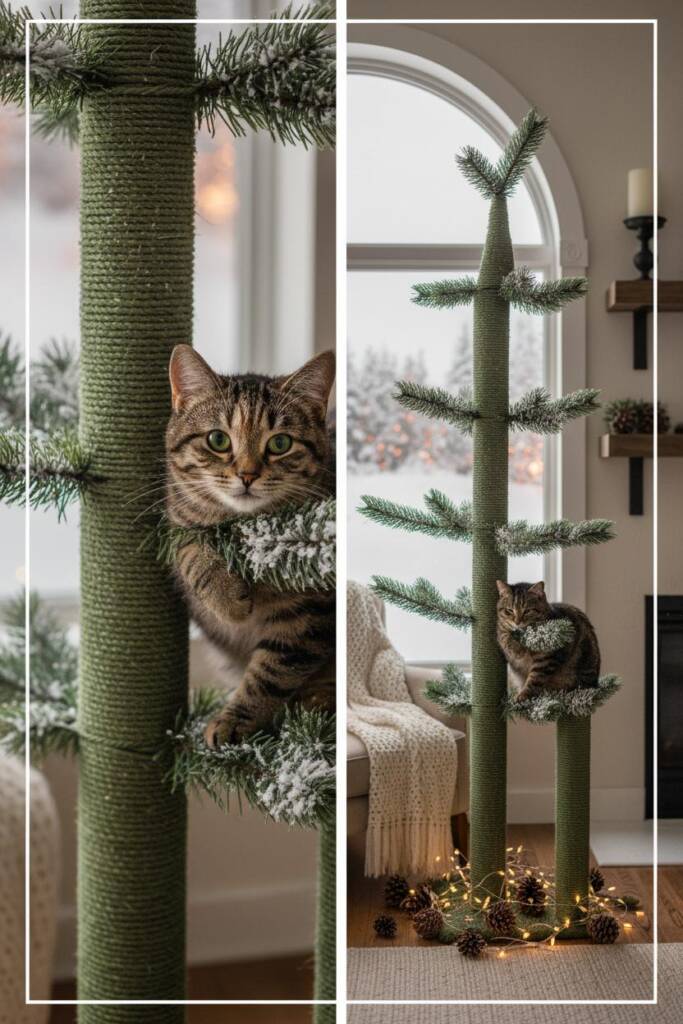 A realistic miniature pine tree structure with natural green sisal rope posts mimicking bark texture, white artificial snow d