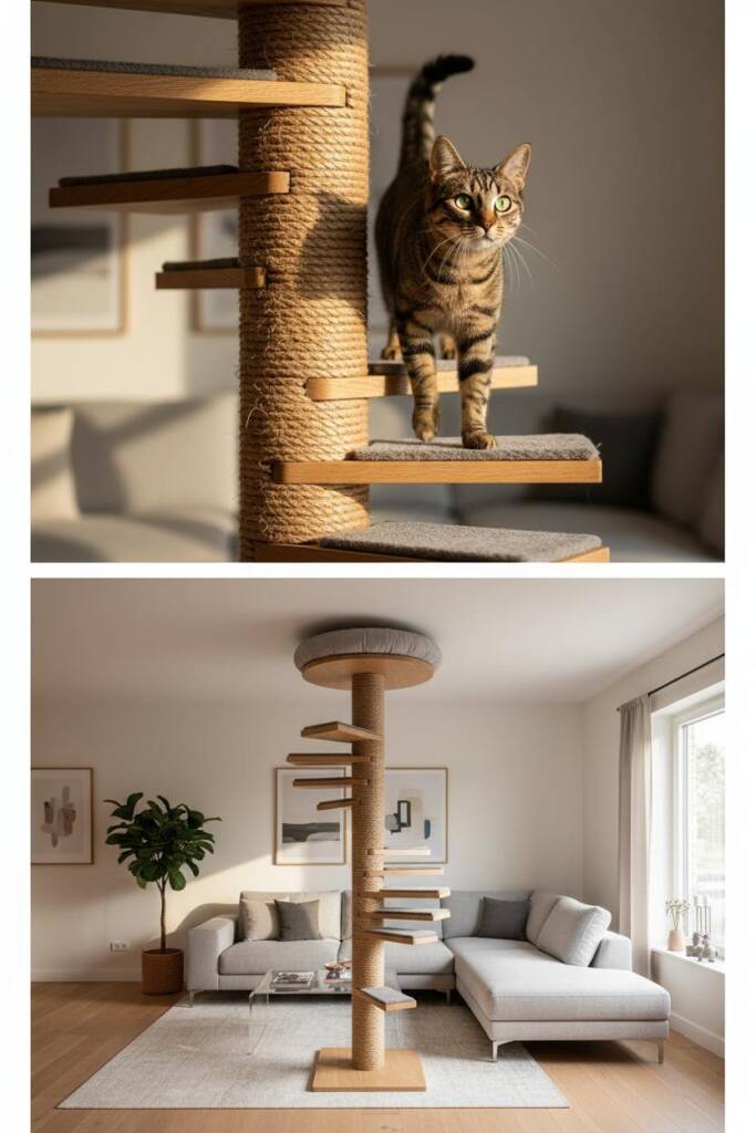 Tall spiral DIY cat treehouse tower built like an indoor tree trunk: wedge platforms spiraling upward like branches, thick si