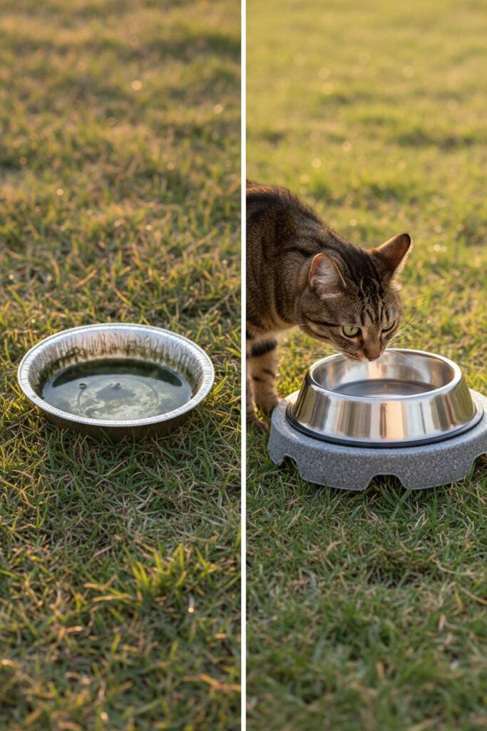 Split comparison image showing left side: dirty aluminum pie tin with moldy residue and standing water in grass; right side: