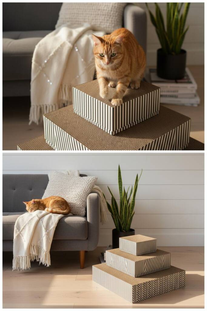 Angled overhead view of a three-tiered pyramid-style cat scratcher tower, each level featuring a distinct black-and-white pat