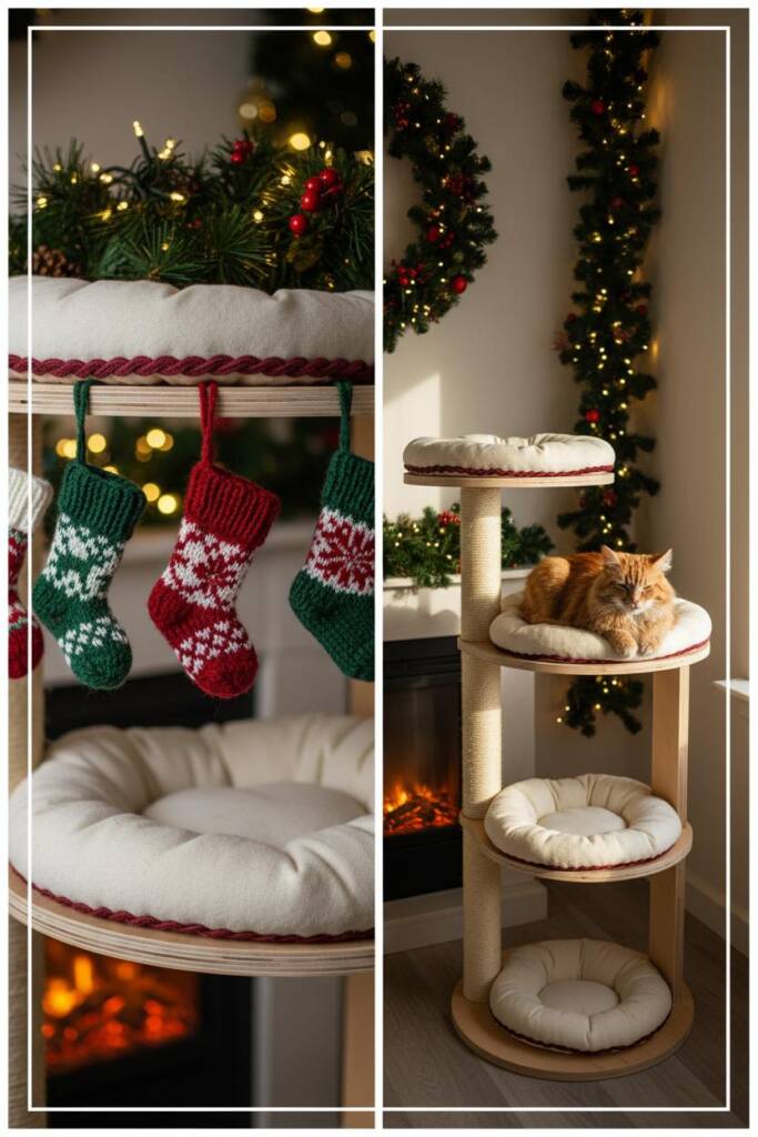 A tiered platform cat tree with three distinct levels, each level decorated with miniature knitted stockings in various holid