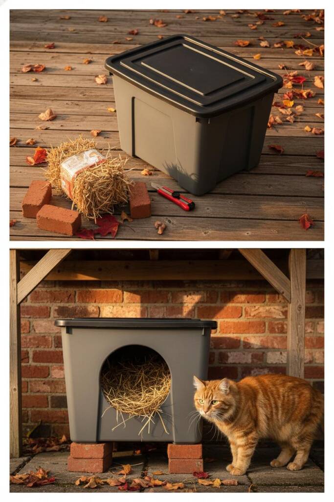 Split-screen image: Left side shows gray plastic storage bin, utility knife, straw bale, and bricks laid out on wooden deck.