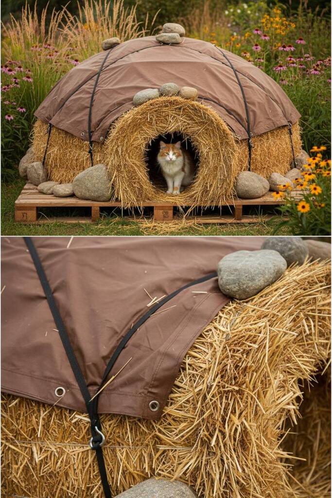 Dome-shaped structure made from stacked straw bales arranged in circular pattern on wooden pallet base, covered with brown ta
