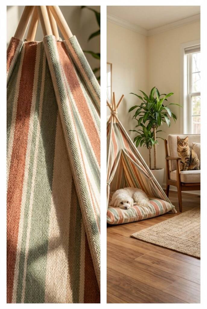 A pet teepee featuring vertical stripes in soft terracotta, sage green, and cream colors. A fluffy white small dog curled up