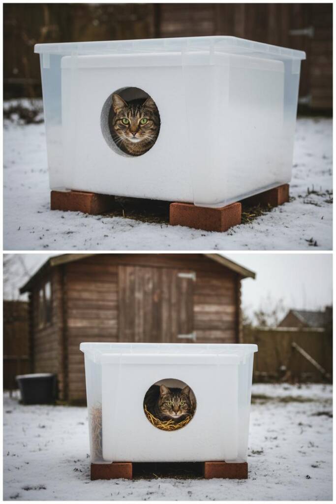 Large white styrofoam cooler placed inside clear plastic storage bin for weather protection, 5-inch entrance hole cut in shor