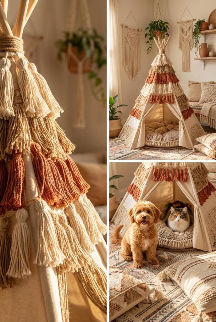 Elaborate boho teepee covered in tassels hanging from the peak and fringe along every seam in cream, terracotta, and natural