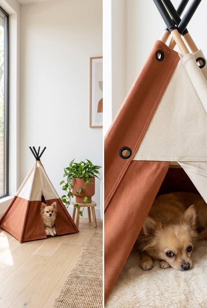 Contemporary pet teepee with terracotta colored base panels and cream upper sections creating bold color-block design. A smal