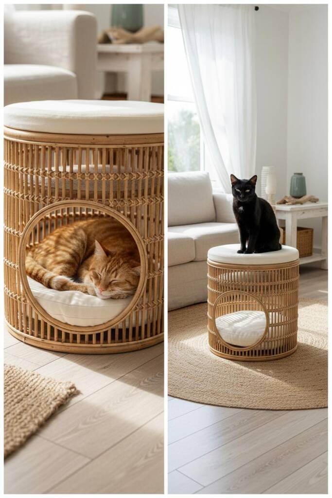 A round open-weave rattan cat ottoman tower with coastal tone; lower cavity s