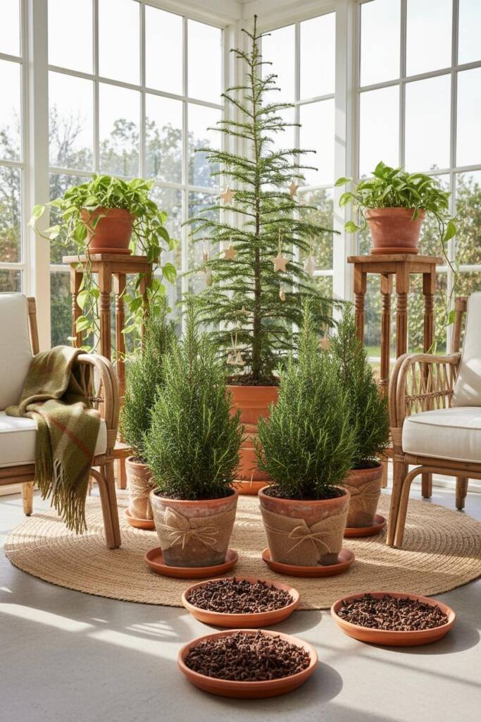 A bright sunroom flooded with natural light featuring an abundance of living plants as Christmas decor. A large Norfolk Islan