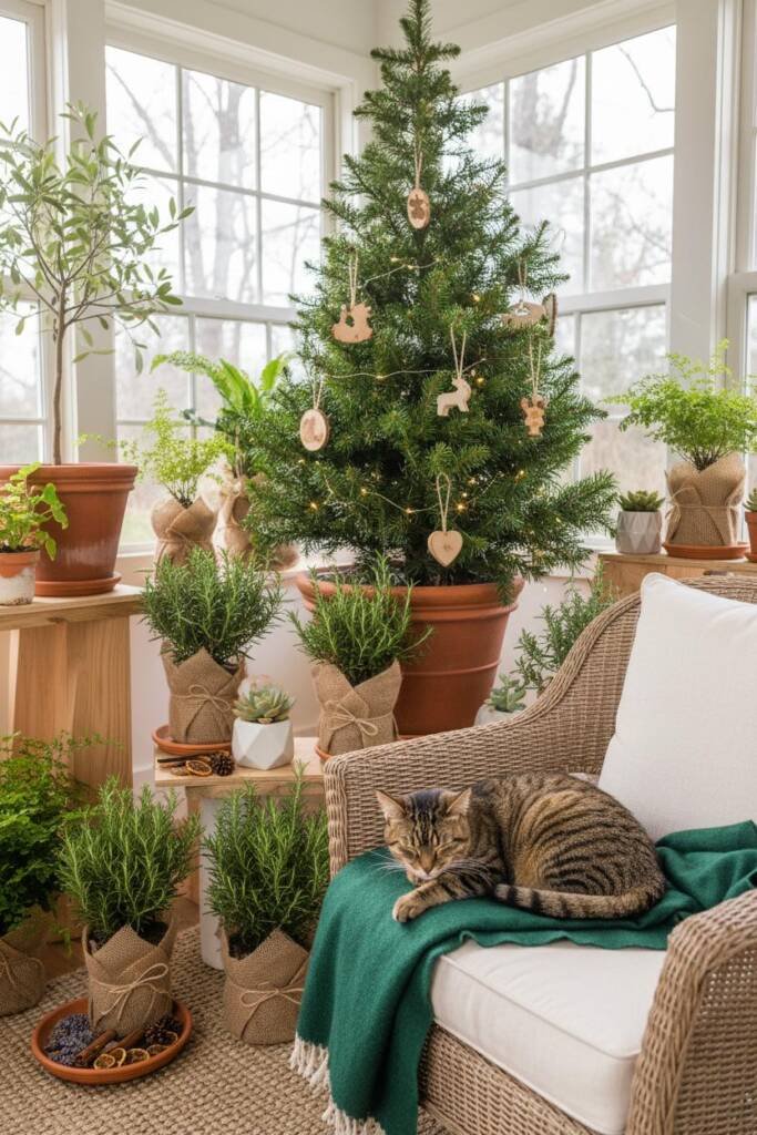 A bright sunroom flooded with natural light featuring an abundance of living plants as Christmas decor. A large Norfolk Islan