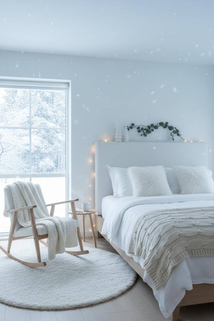 A serene all-white bedroom with natural wood accents creating a snow-inspired retreat. The bed features crisp white linens la