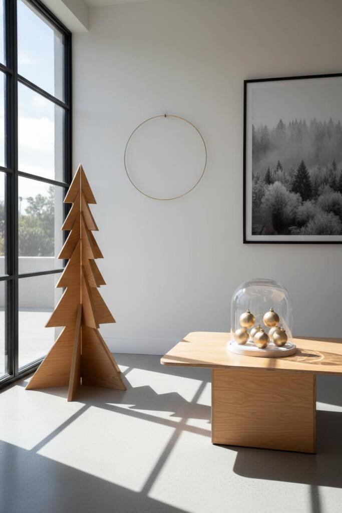 A sleek modern living room with clean white walls and contemporary furniture. The focal point is a sculptural geometric woode