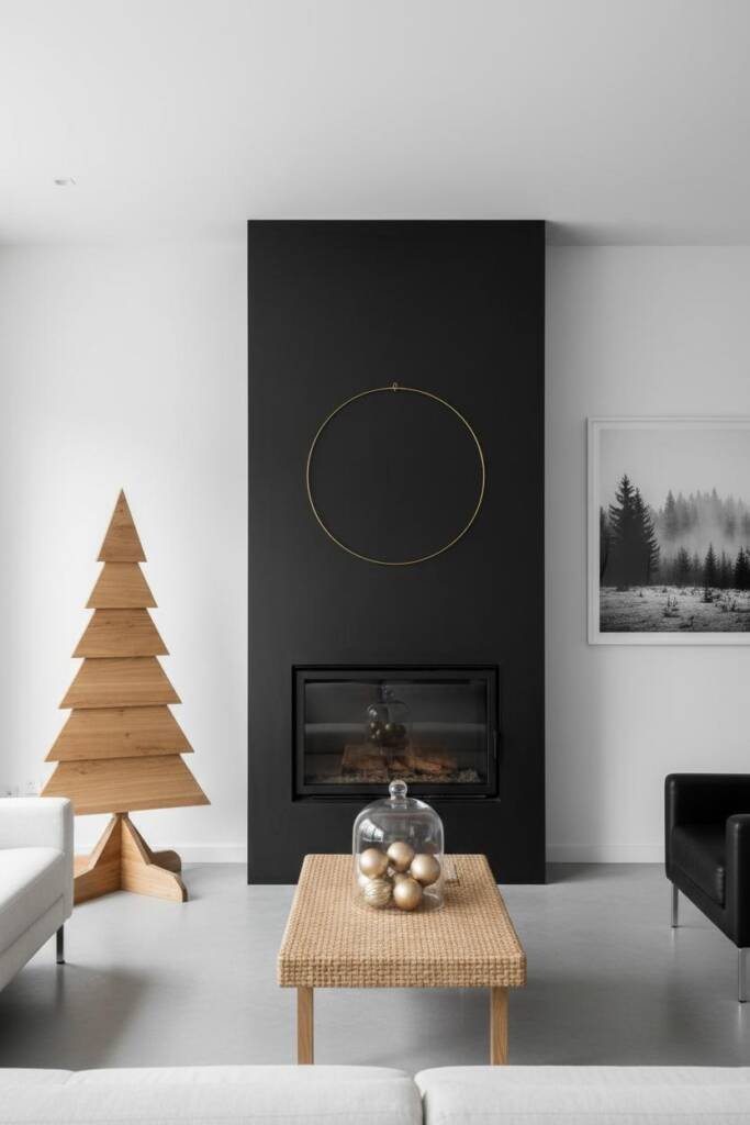 A sleek modern living room with clean white walls and contemporary furniture. The focal point is a sculptural geometric woode