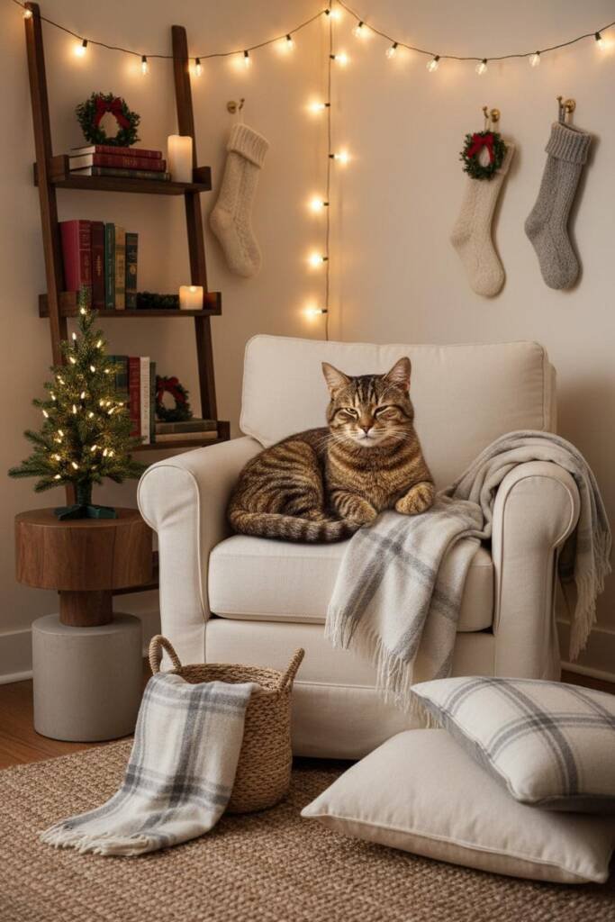 A charming corner featuring an oversized cream-colored armchair with a red and black buffalo plaid throw draped over one arm.