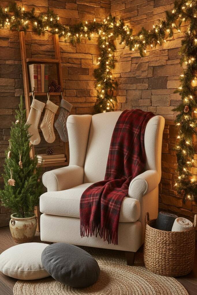 A charming corner featuring an oversized cream-colored armchair with a red and black buffalo plaid throw draped over one arm.