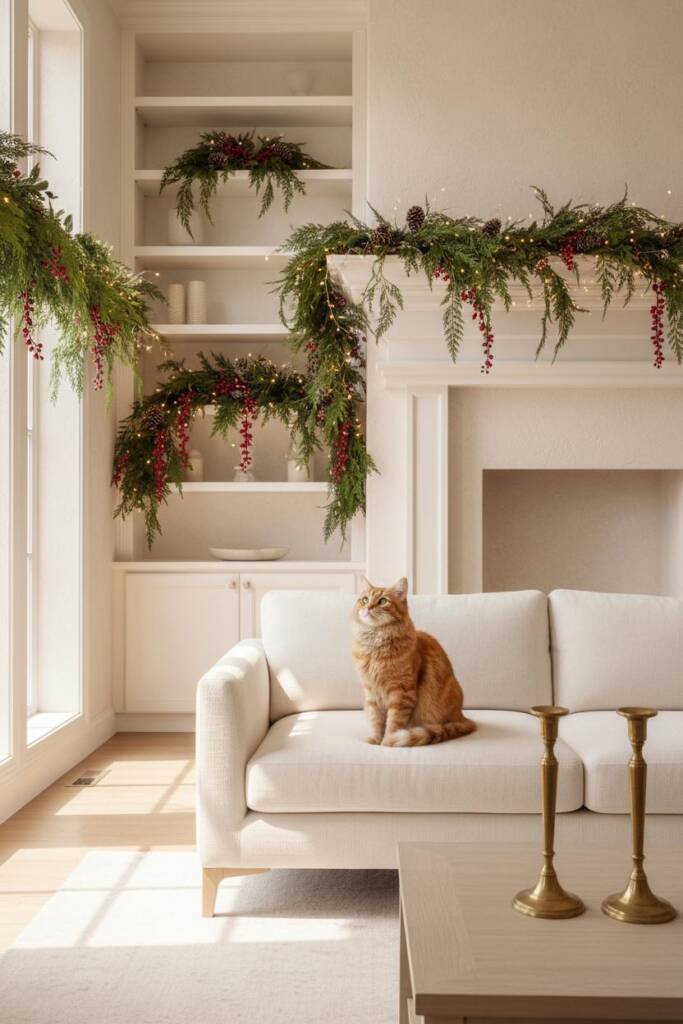 A bright, airy living room with lush green garlands draped along floating white shelves mounted high on the walls. Pine arran