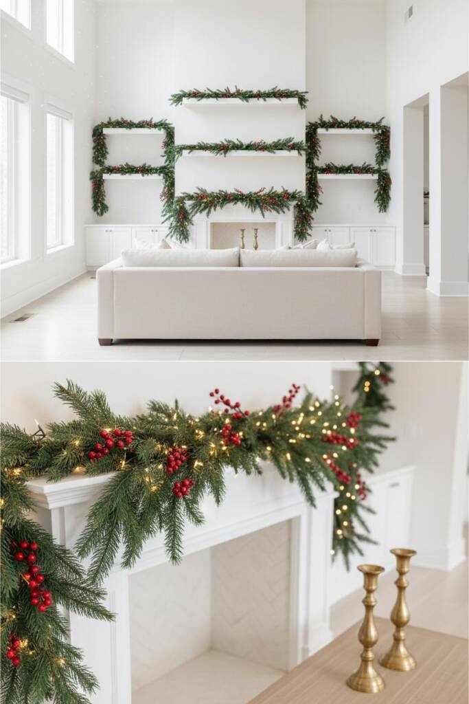 A bright, airy living room with lush green garlands draped along floating white shelves mounted high on the walls. Pine arran