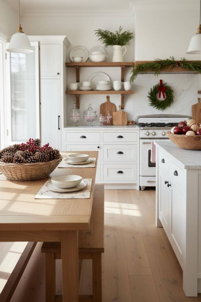 A bright white farmhouse kitchen with open shelving displaying white dishes and ironstone. A vintage cream enamelware pitcher