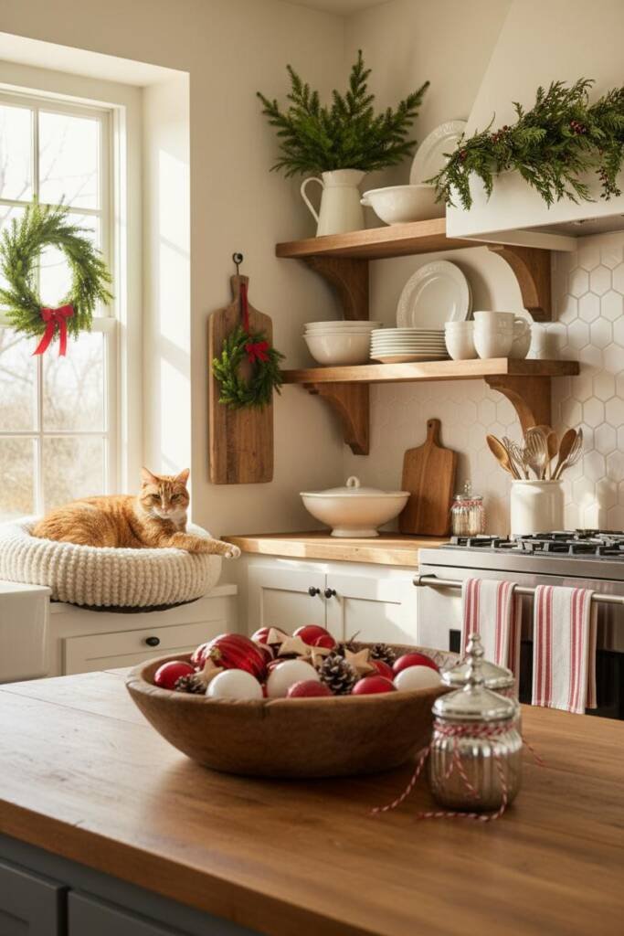 A bright white farmhouse kitchen with open shelving displaying white dishes and ironstone. A vintage cream enamelware pitcher