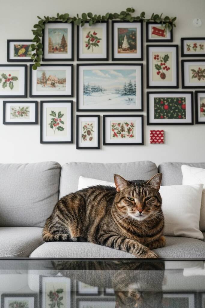 A modern living room featuring a large gallery wall arrangement with mixed frame sizes in matte black. The collection include