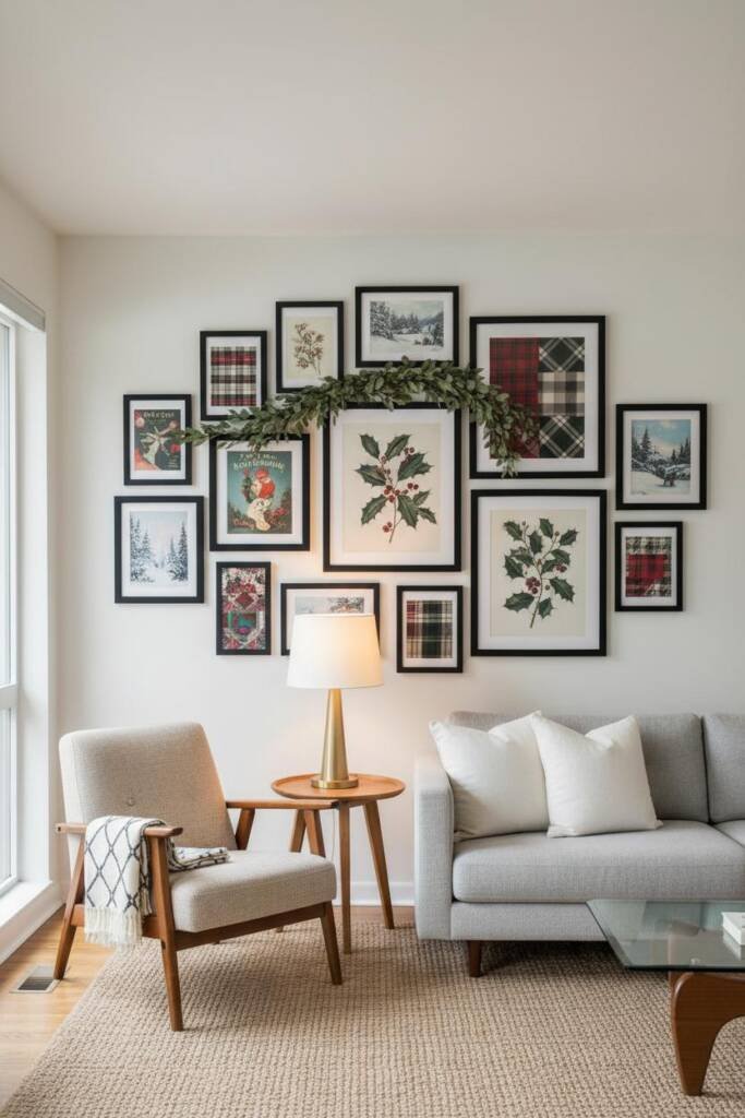 A modern living room featuring a large gallery wall arrangement with mixed frame sizes in matte black. The collection include