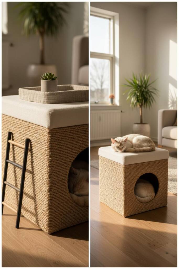HAS TO LOOK AS A CAT TREE, this is the CONCEPT: A cube ottoman fully wrapped in tight-weave natural sisal; top cushion double