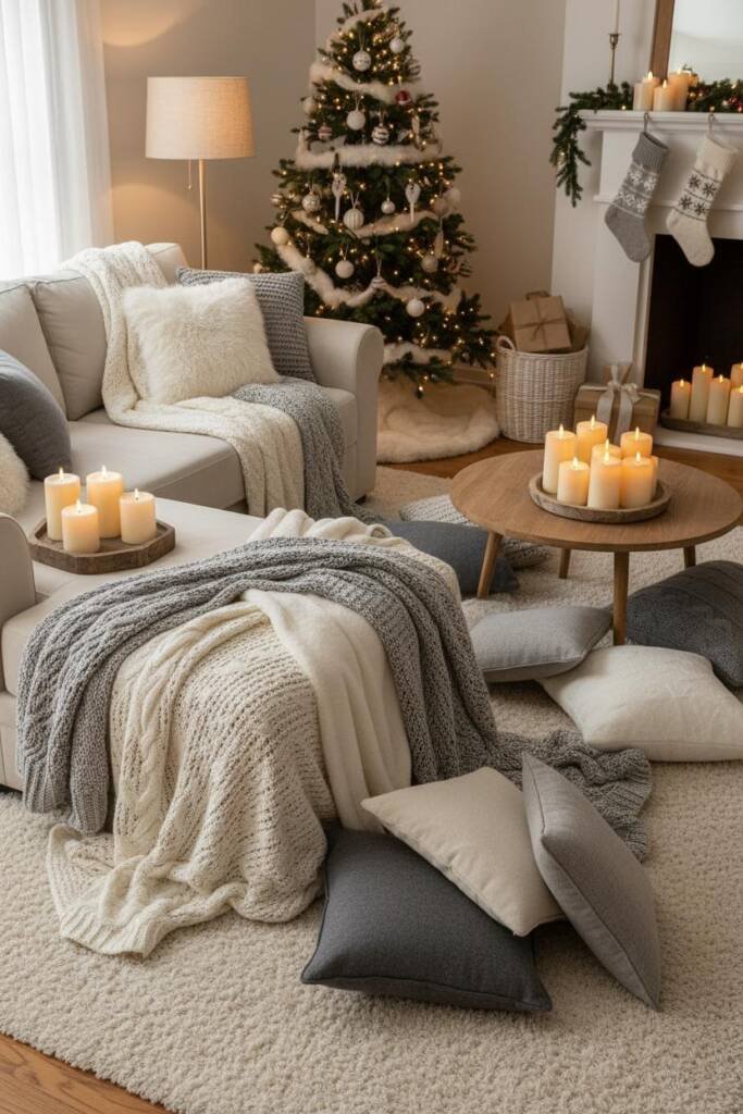 An incredibly inviting family room overflowing with cozy layers and soft textures. A large sectional sofa is draped with 4-5