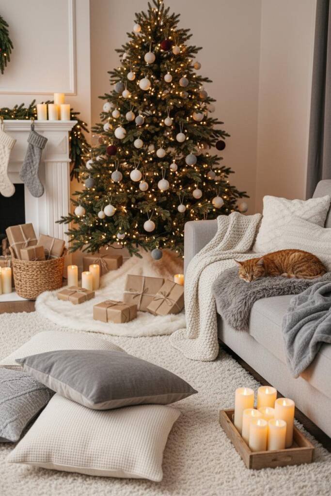 An incredibly inviting family room overflowing with cozy layers and soft textures. A large sectional sofa is draped with 4-5