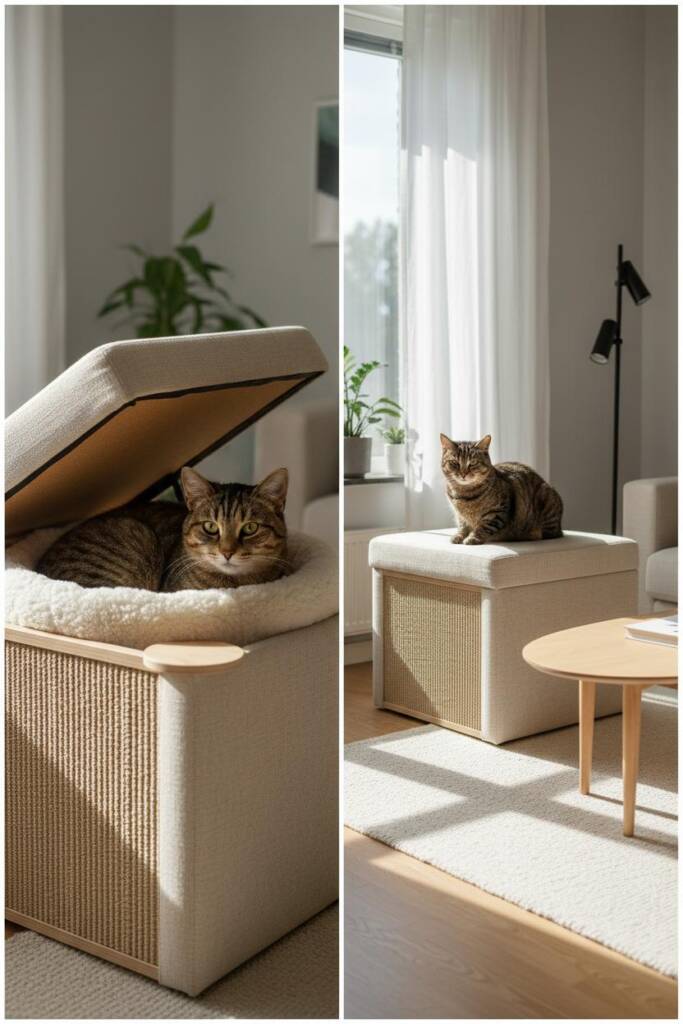 A sand-linen upholstered lift-top cat tree ottoman; top opens to reveal a hid