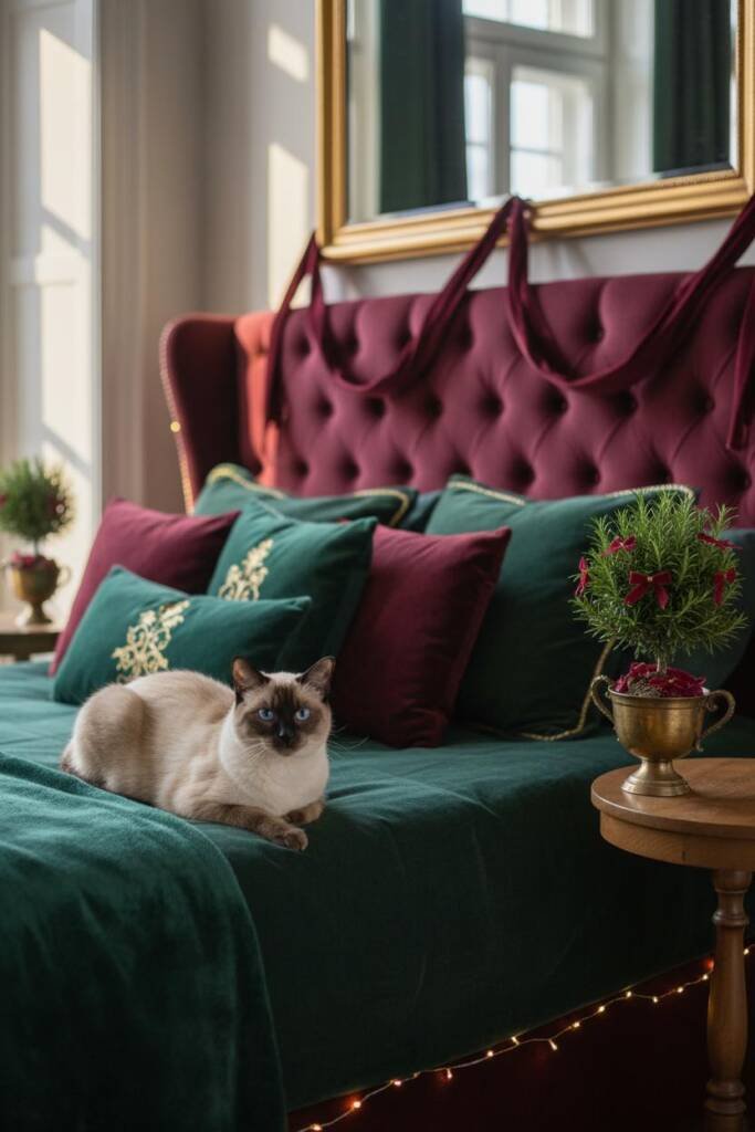 An elegant bedroom featuring deep jewel tones with emerald green and burgundy velvet pillows stacked luxuriously on a upholst