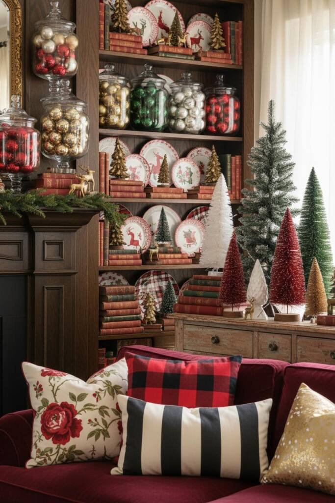 A vibrant, abundantly decorated room celebrating more-is-more style. Large glass apothecary jars filled with vintage ornament