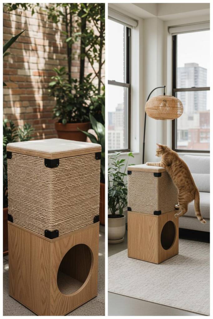 A modular set of three cube ottomans forming a tiered cat climbing tower; low