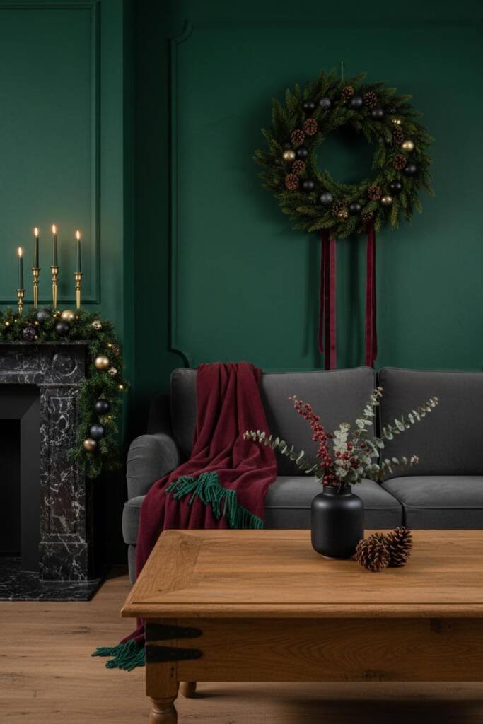 A dramatic lounge with deep emerald green walls and rich burgundy velvet furniture creating an intimate atmosphere. A pre-lit