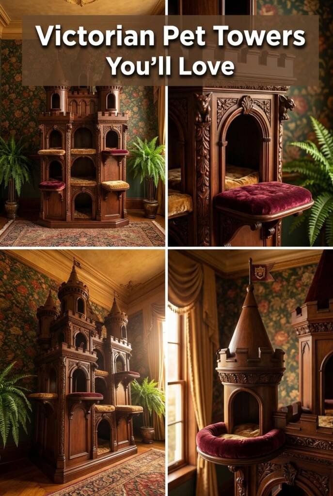 Highly detailed vertical image of a multi-level castle-inspired cat tower in carved dark wood, with turrets, arched doorways,