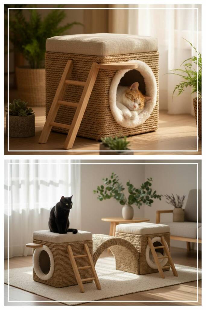 A cube ottoman wrapped in natural sisal with soft linen top; geometric corner ladder steps lead to the perch; side cutout ope