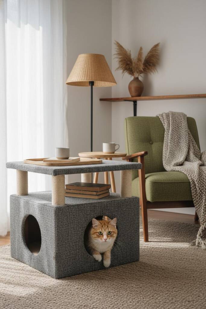 A pebble-gray rectangular ottoman cat tree with an arched tunnel base, sisal posts on each corner, and a raised plush perch;