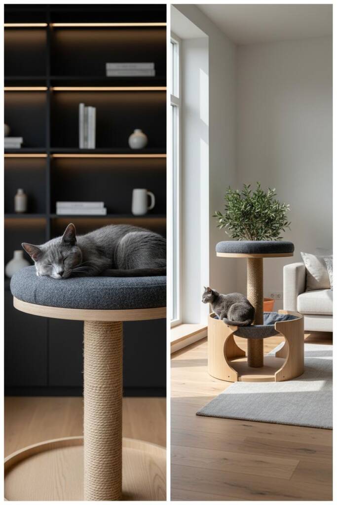 A graphite two-tier ottoman tower shaped like a stepped sculpture; upholstered in wool blend with hidden den below and wide t