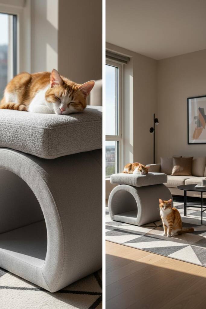 Two dove-gray ottoman modules connected by an upholstered arch bridge; one cube hides a curved den, the other crowned with a