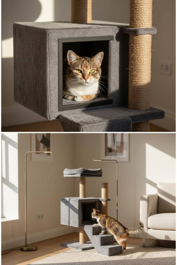 A graphite two-tier ottoman cat tree with sculptural geometric steps; lower e