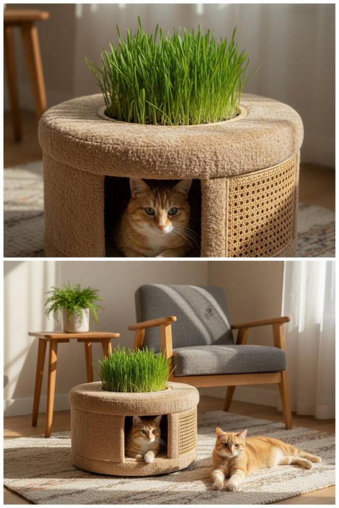 A mushroom-beige ottoman cat planter hybrid; base den enclosed in fabric, upper circular platform supports cat grass in sleek