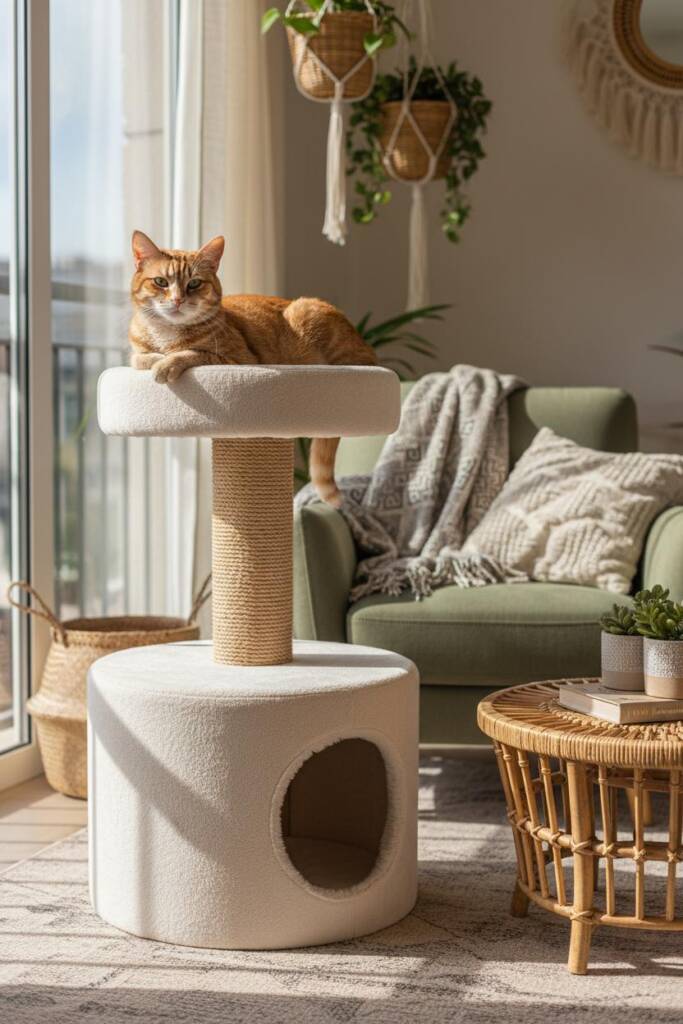 A softly lit living room featuring a round bouclé cat tree ottoman in cream; tiered circular design with a plush upper perch,