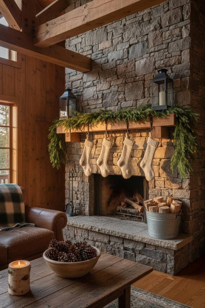 A cozy living room with exposed wood beams and a stone fireplace creating instant cabin atmosphere. A thick, densely-packed r