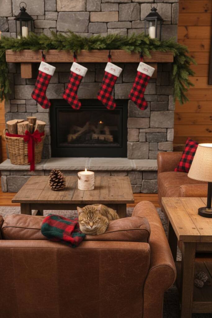 A cozy living room with exposed wood beams and a stone fireplace creating instant cabin atmosphere. A thick, densely-packed r