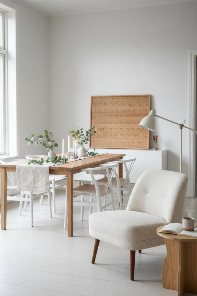 A serene dining room with clean lines featuring a natural light wood dining table and white wishbone chairs. A large sculptur