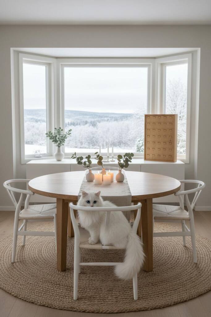 A serene dining room with clean lines featuring a natural light wood dining table and white wishbone chairs. A large sculptur