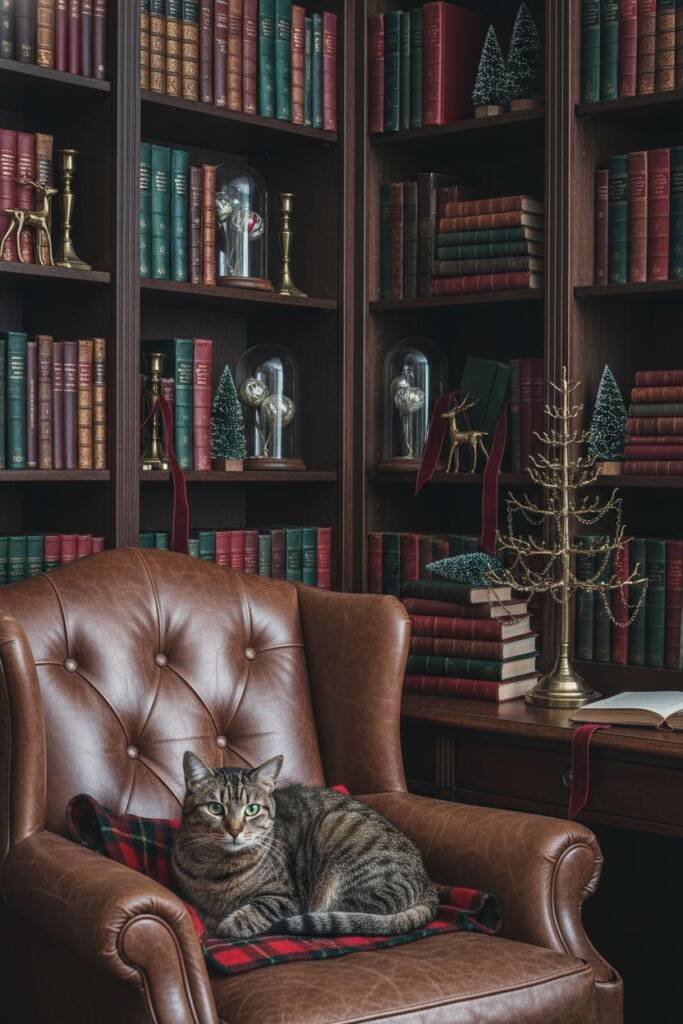 A rich study with floor-to-ceiling dark wood bookshelves filled with leather-bound books. Books with red and green spines are