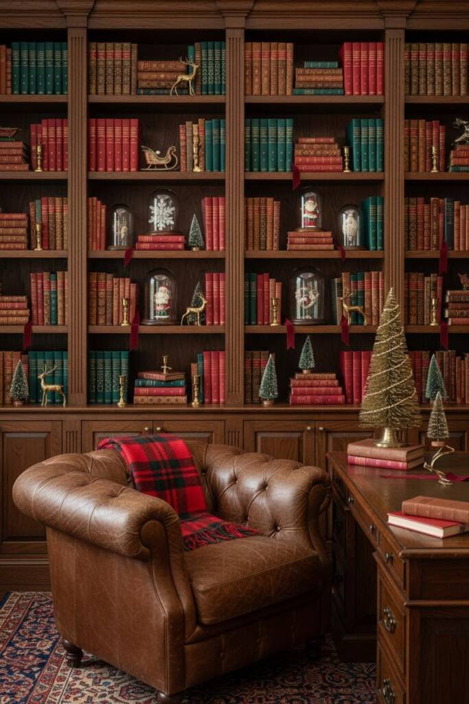 A rich study with floor-to-ceiling dark wood bookshelves filled with leather-bound books. Books with red and green spines are