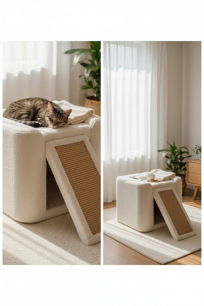 A low off-white bouclé ottoman with integrated cat ramp leading to a recessed